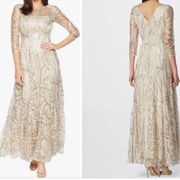 Tahari gold sequin 3/4 sleeve Mother of Bride, Mother of Groom dress gown - Picture 3 of 5